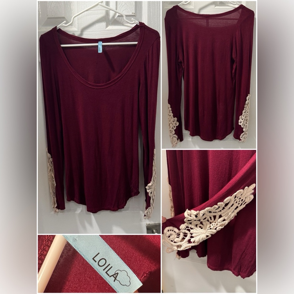 4/$15 Loila Burgundy Boutique Long Sleeve Top with Lace Sleeves